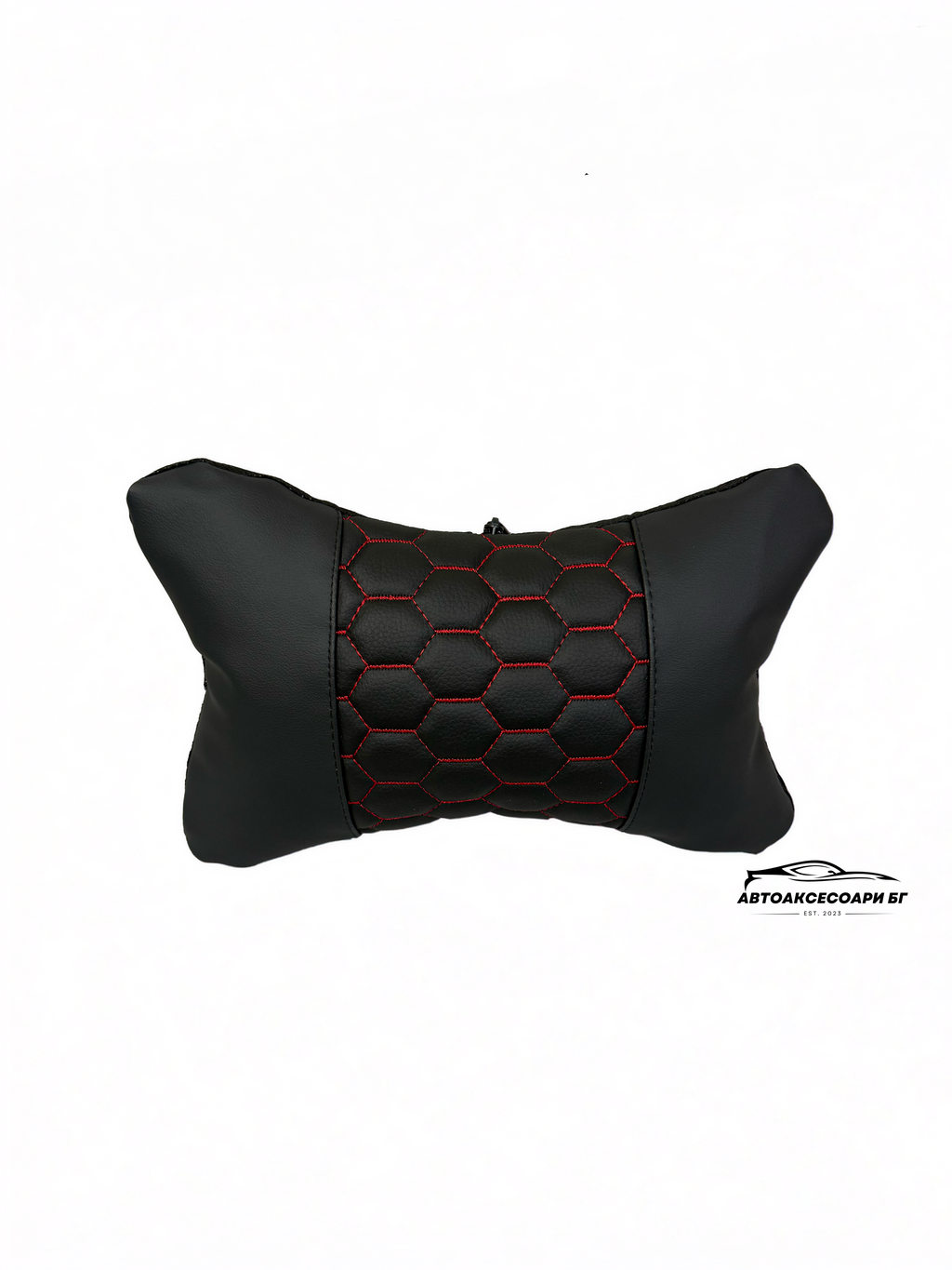 Възглавничка за комфорт и правилна стойка - Черна кожа с червена бродерия тип пчелна пита
