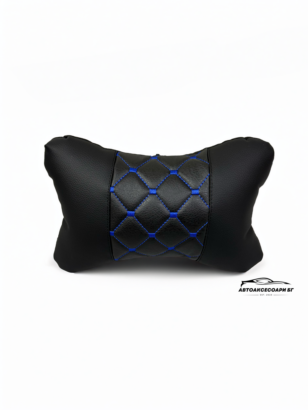 Възглавничка за комфорт и правилна стойка - Черна кожа със синя бродерия