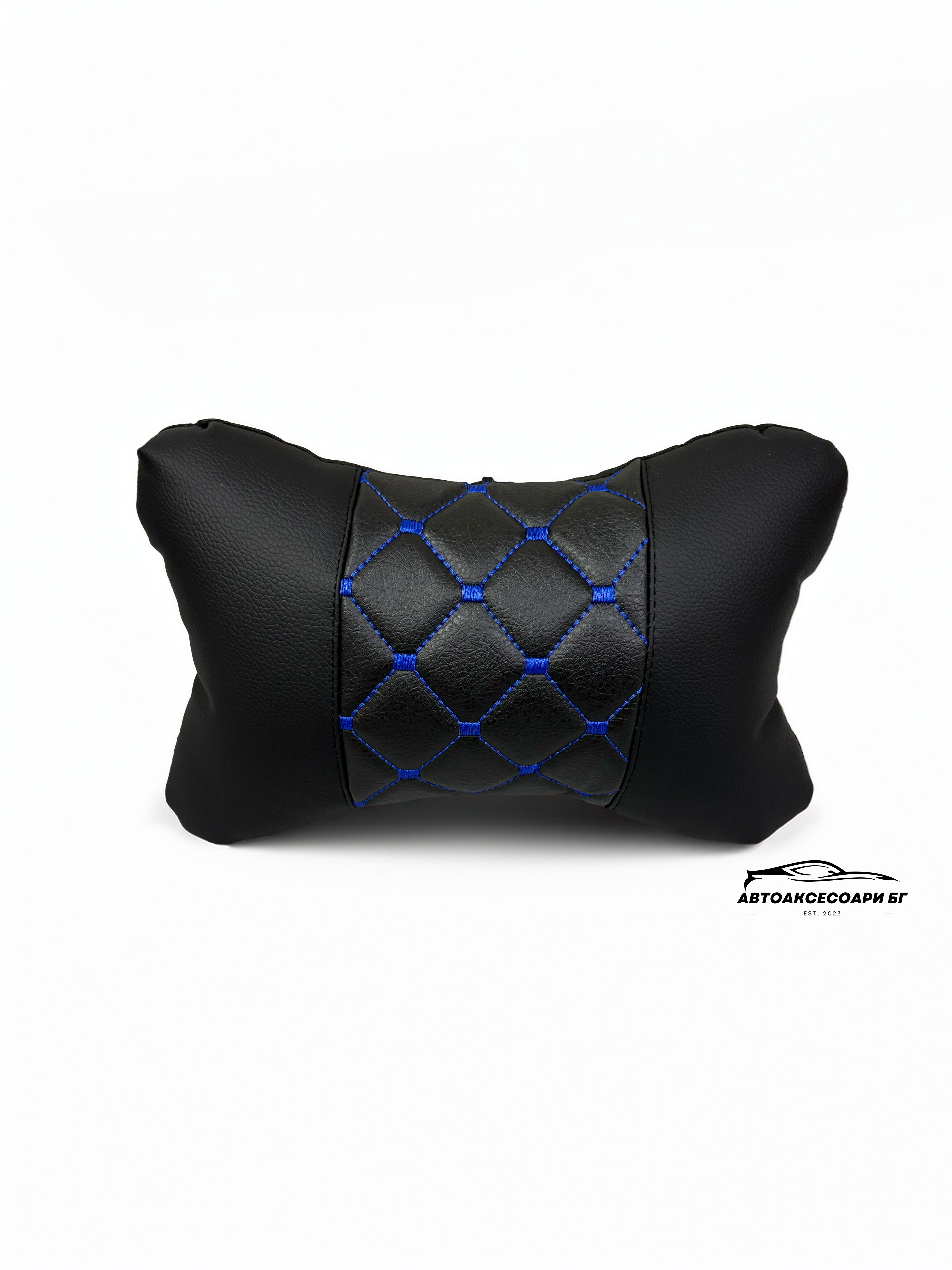 Възглавничка за комфорт и правилна стойка - Черна кожа със синя бродерия