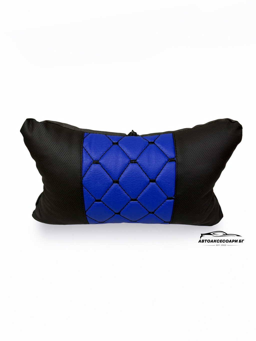 Възглавничка за комфорт и правилна стойка - Черна перфорирана и синя кожа с бродерия