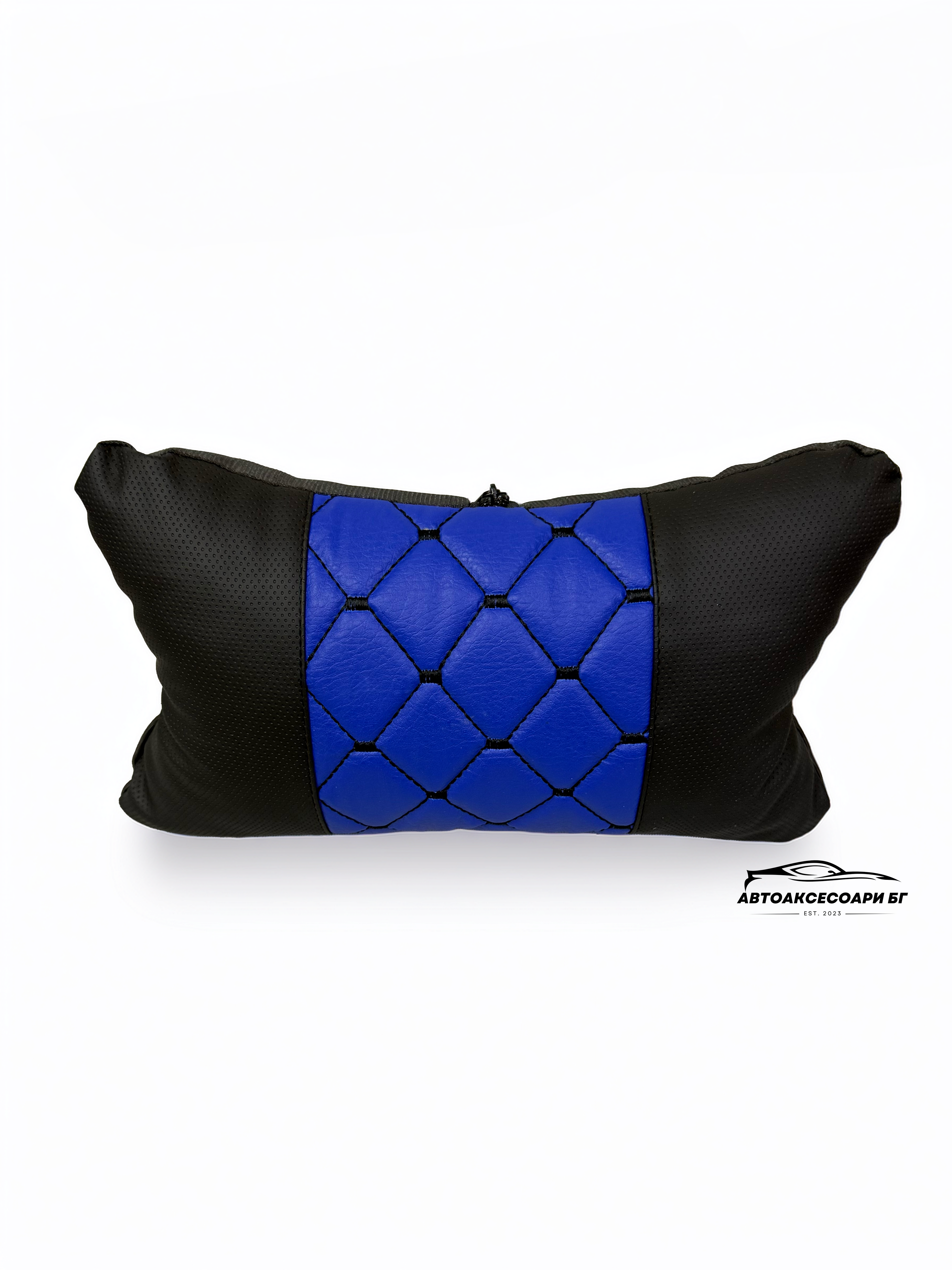 Възглавничка за комфорт и правилна стойка - Черна перфорирана и синя кожа с бродерия