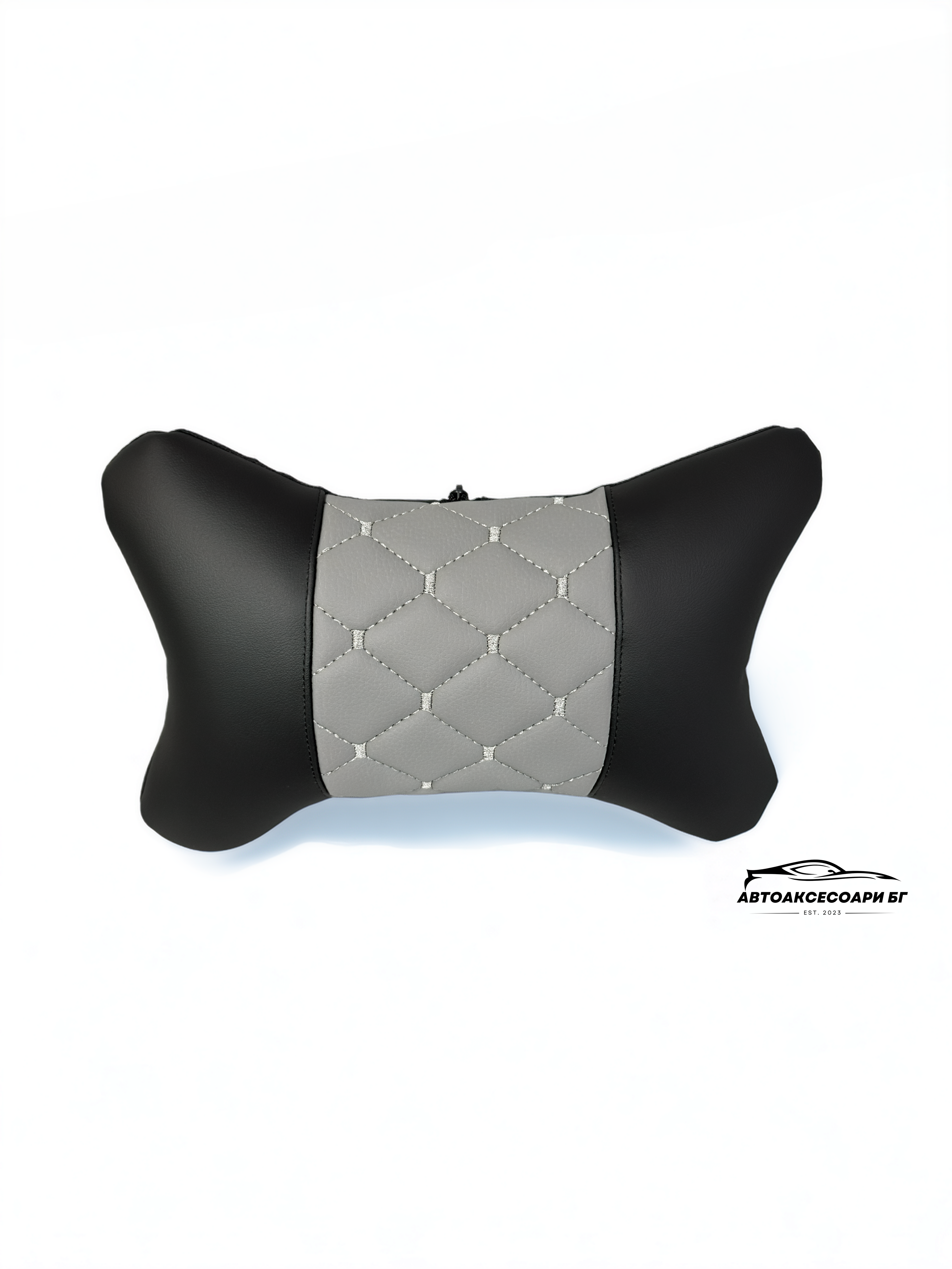 Възглавничка за комфорт и правилна стойка - Черна и сива кожа с бродерия