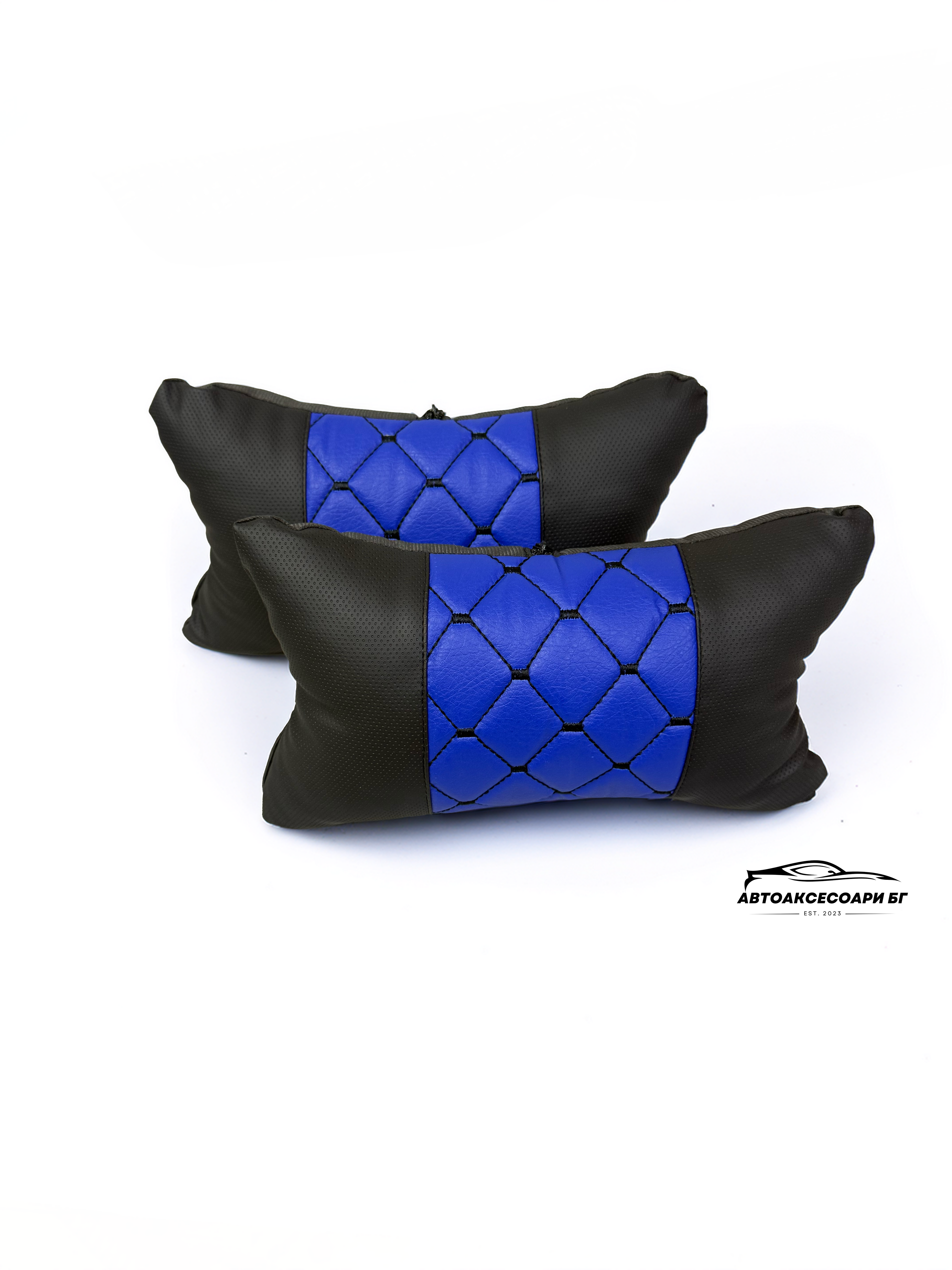 Възглавничка за комфорт и правилна стойка - Черна перфорирана и синя кожа с бродерия