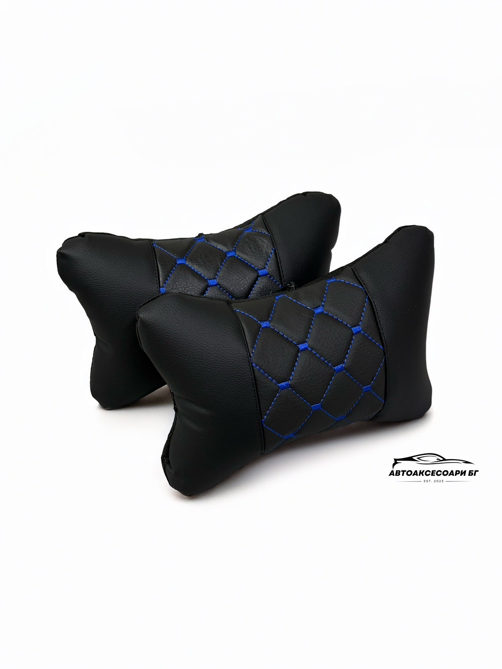 Възглавничка за комфорт и правилна стойка - Черна кожа със синя бродерия