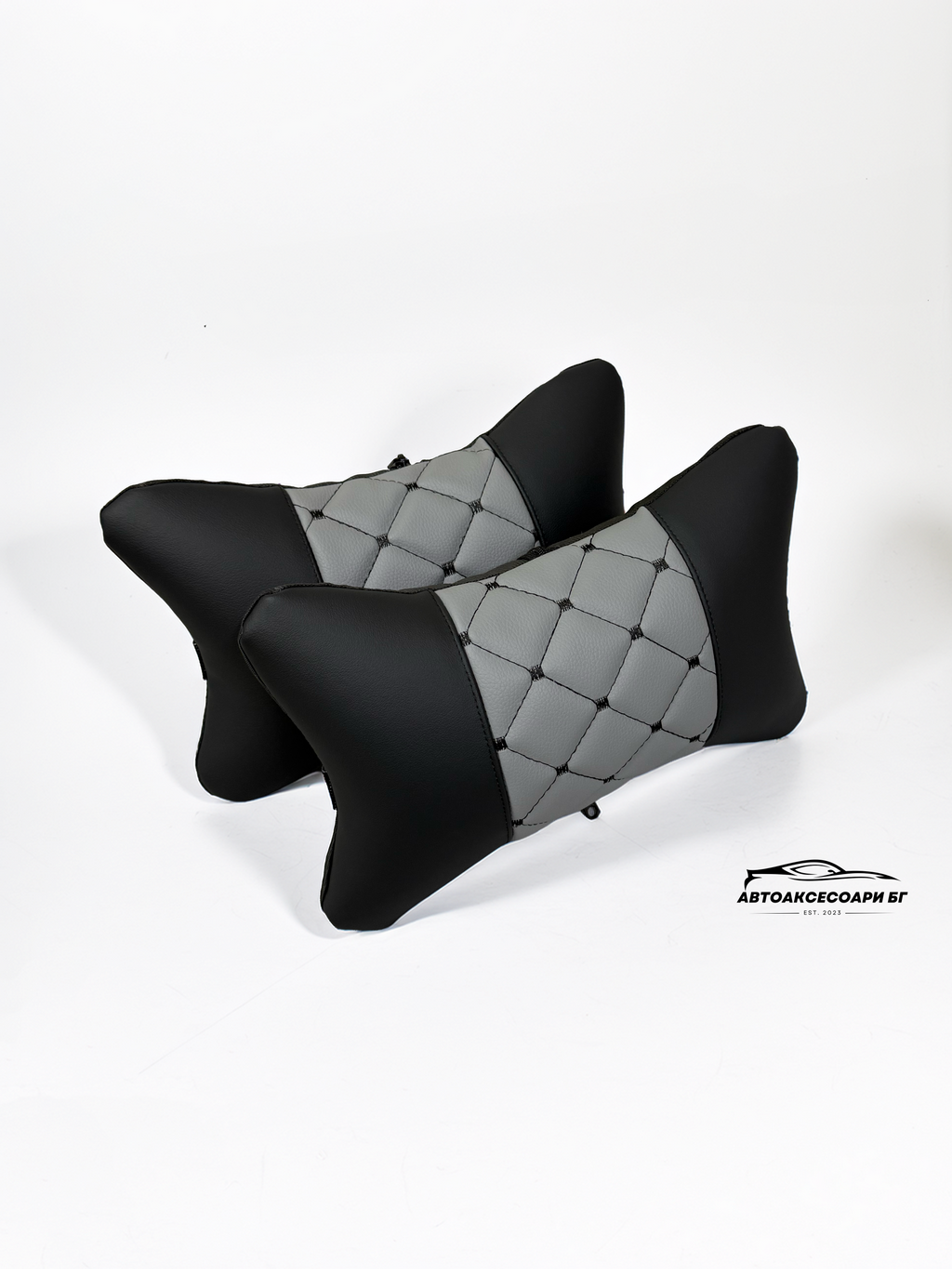 Възглавничка за комфорт и правилна стойка - Черна и сива кожа с черна бродерия