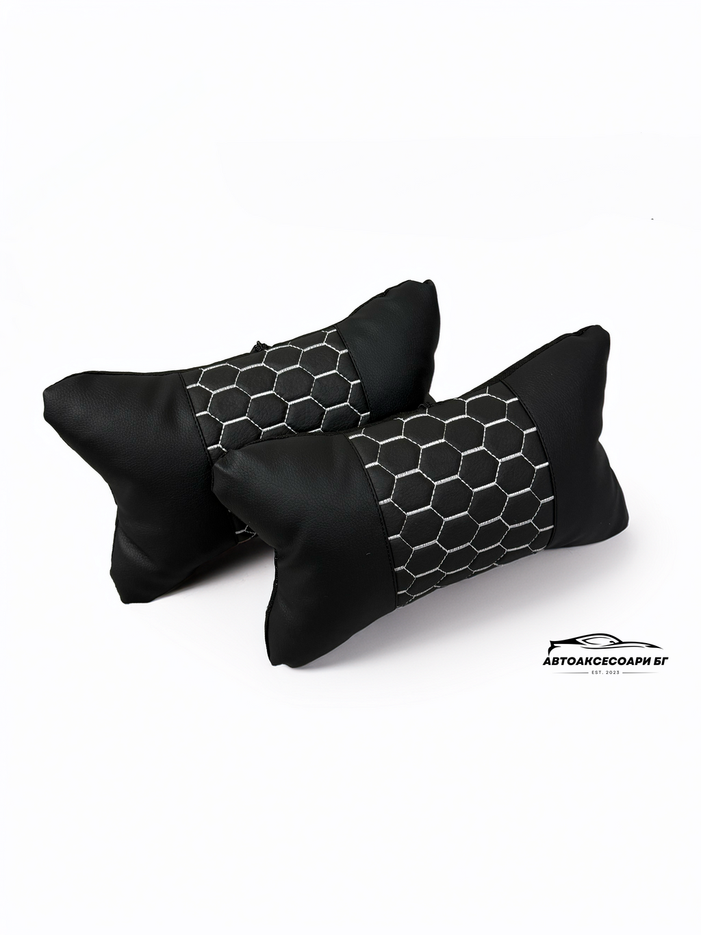Възглавничка за комфорт и правилна стойка - Черна кожа с бяла бродерия