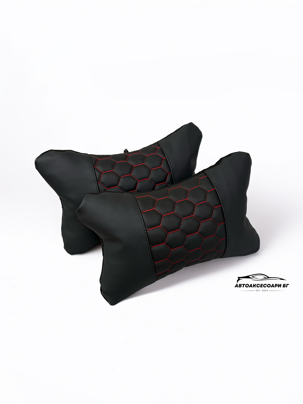 Възглавничка за комфорт и правилна стойка - Черна кожа с червена бродерия тип пчелна пита
