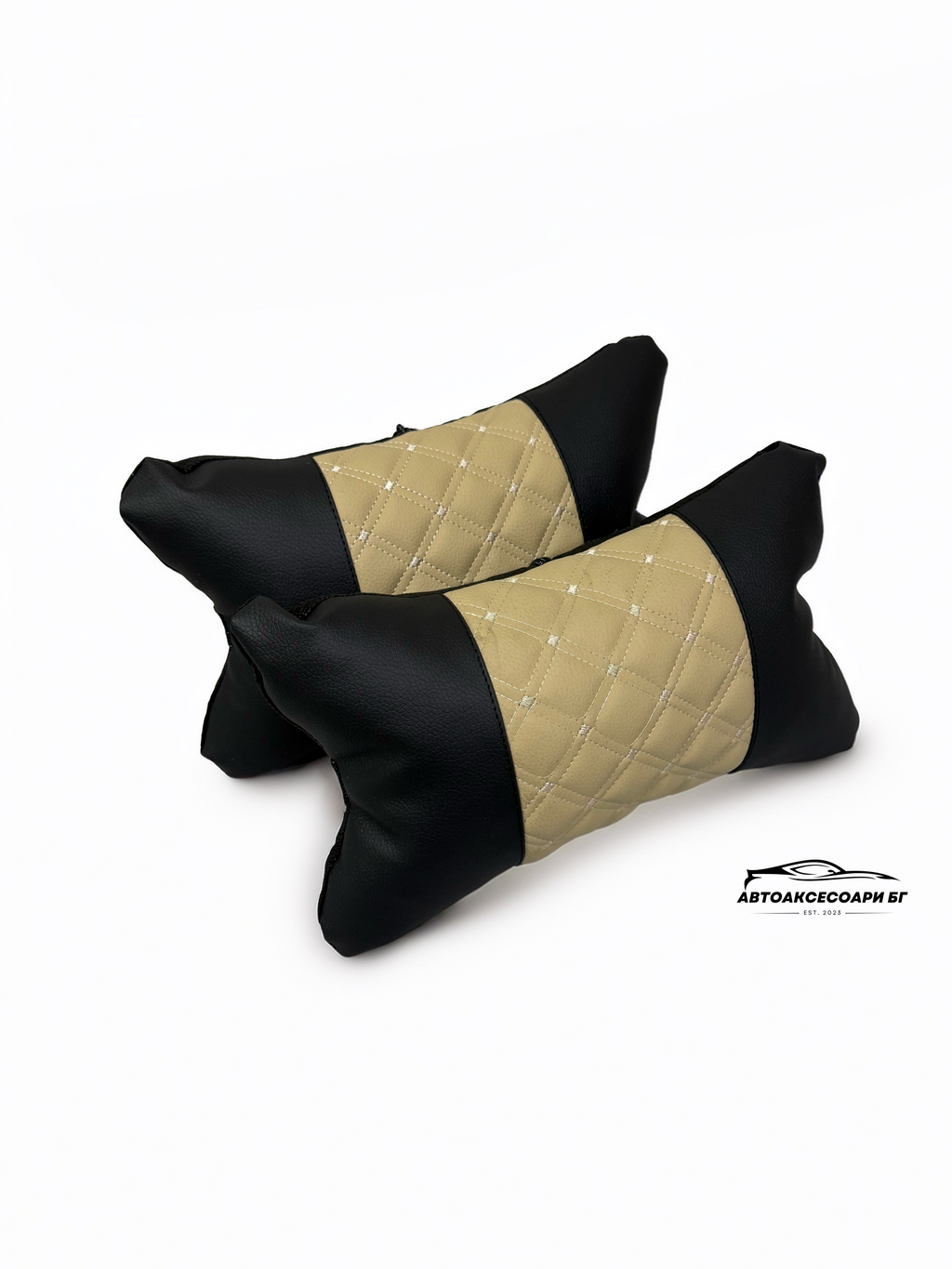 Възглавничка за комфорт и правилна стойка - Черна и бежова кожа с двойна бродерия