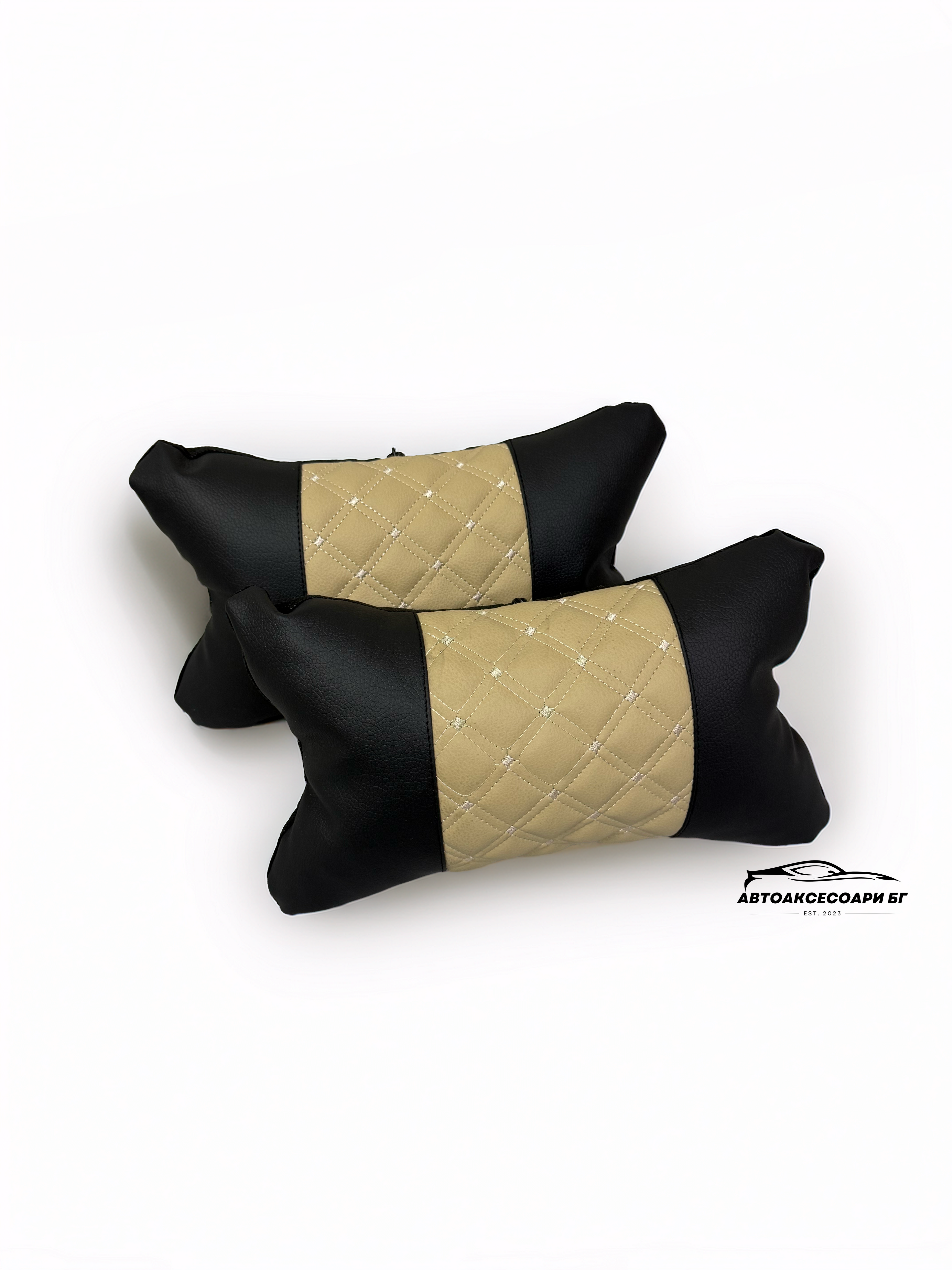 Възглавничка за комфорт и правилна стойка - Черна и бежова кожа с двойна бродерия