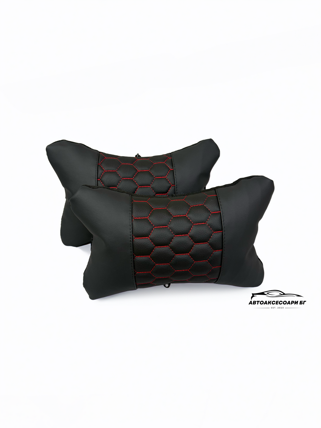 Възглавничка за комфорт и правилна стойка - Черна кожа с червена бродерия тип пчелна пита