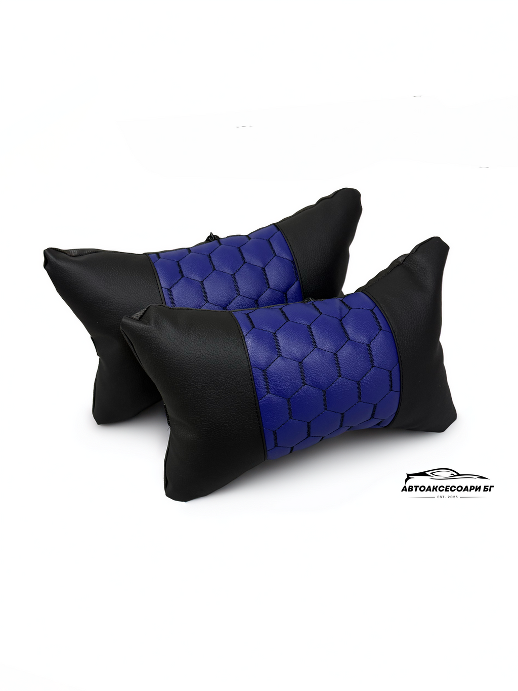 Възглавничка за комфорт и правилна стойка - Черна и синя кожа с бродерия