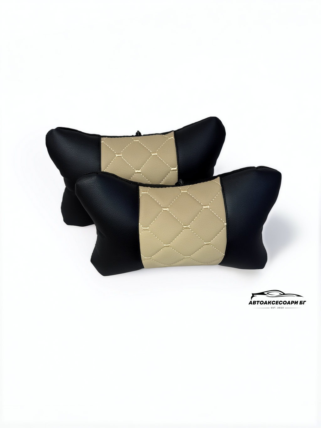 Възглавничка за комфорт и правилна стойка - Черна и бежова кожа с единична бродерия